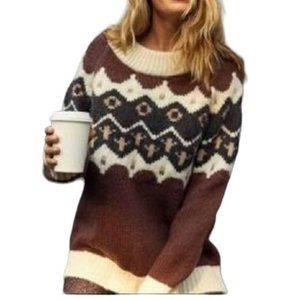 Aerie Fair Isle Fishermen Crew Neck Wool Blend Oversized Sweater Brown  XS